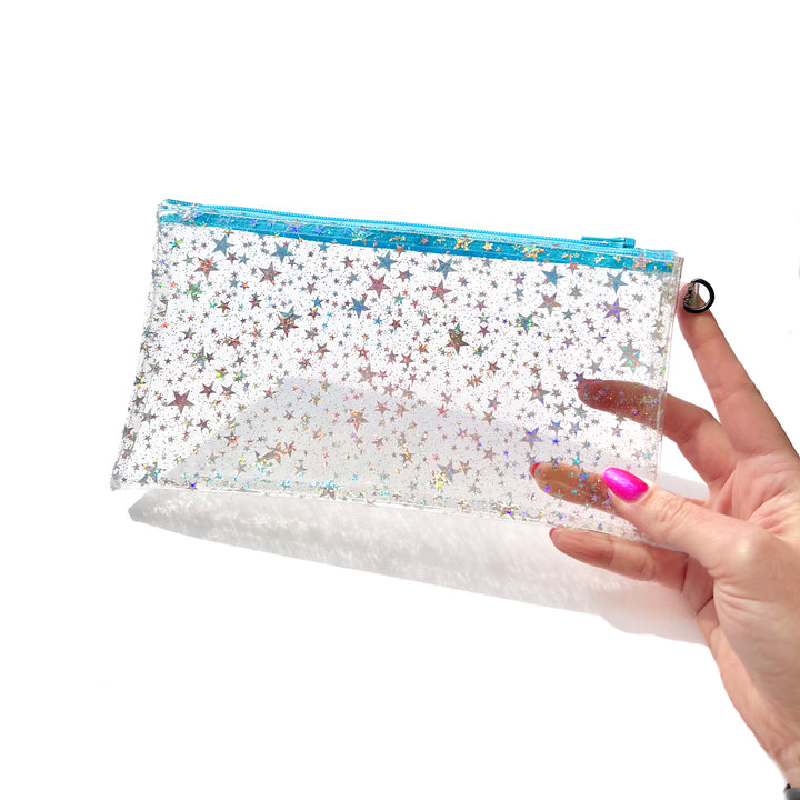 Clear Glitter Stars Wristlet Pouch | sky blue zipper