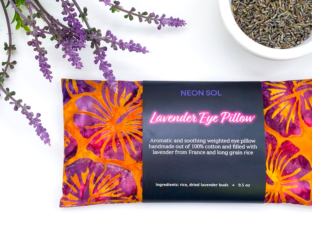 Lavender Eye Pillow | orange purple hibiscus batik