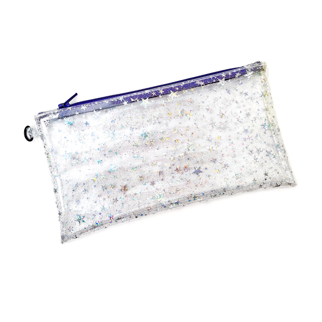 Clear Glitter Stars Wristlet Pouch | purple zipper