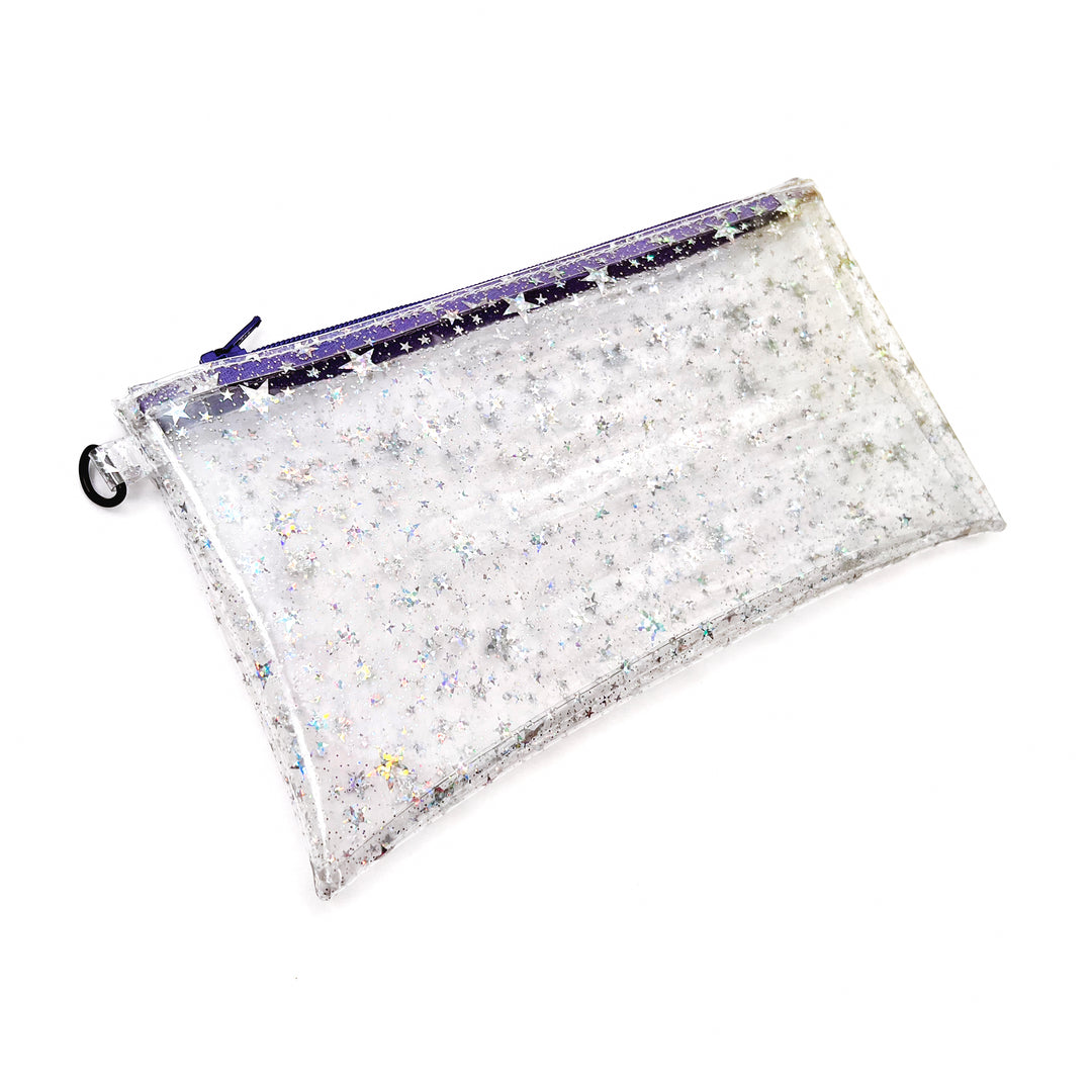 Clear Glitter Stars Wristlet Pouch | purple zipper