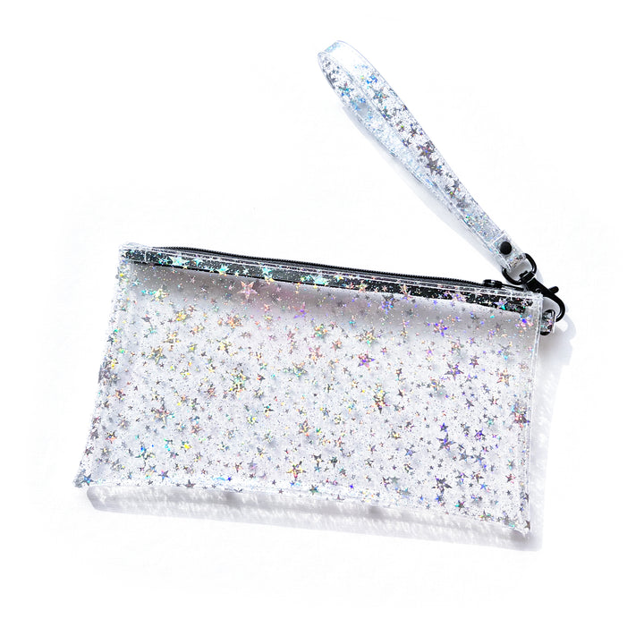 Clear Glitter Stars Wristlet Pouch | black zipper