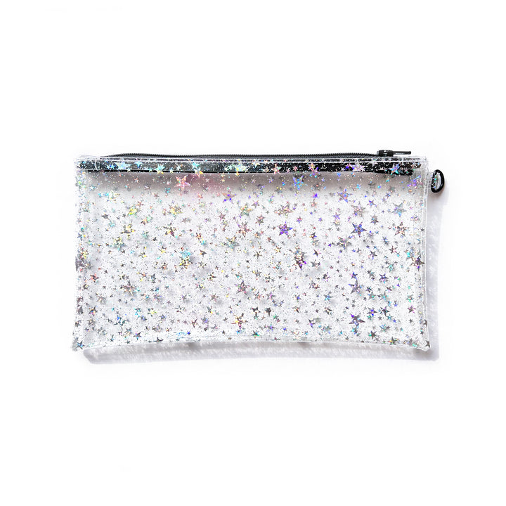 Clear Glitter Stars Wristlet Pouch | black zipper