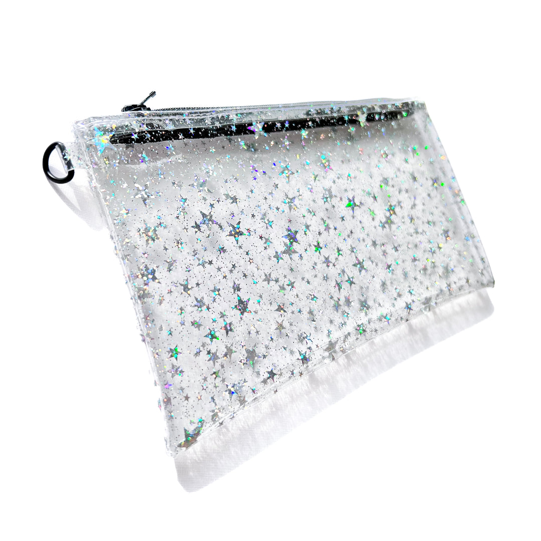 Clear Glitter Stars Wristlet Pouch | black zipper