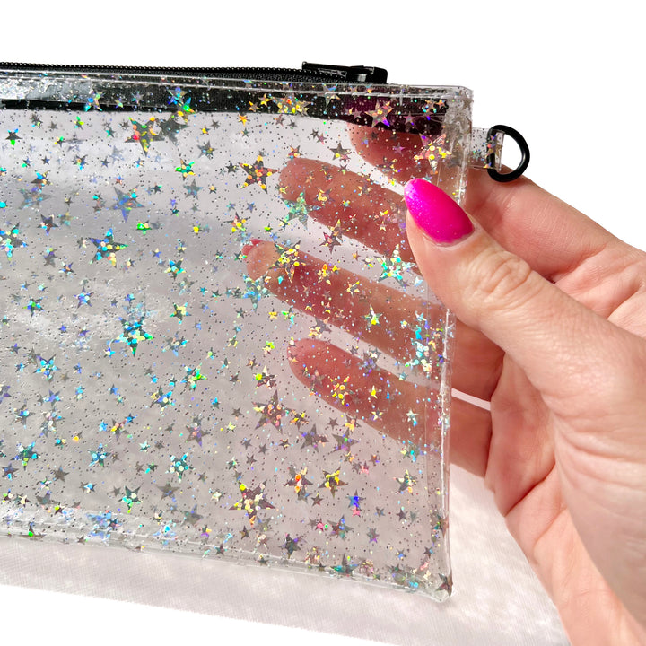 Clear Glitter Stars Wristlet Pouch | black zipper