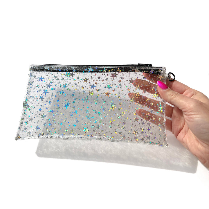 Clear Glitter Stars Wristlet Pouch | black zipper