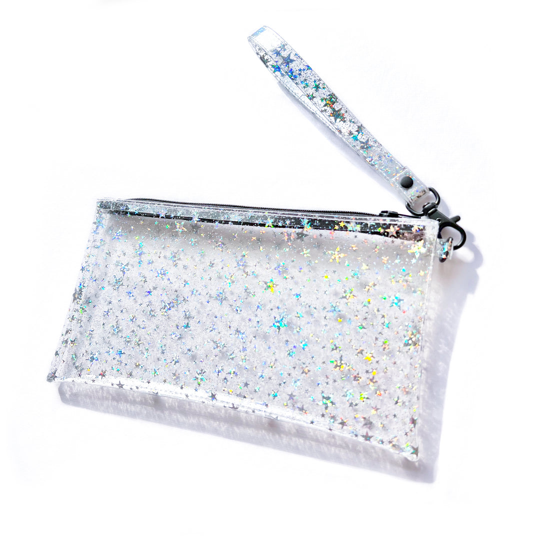 Clear Glitter Stars Wristlet Pouch | black zipper