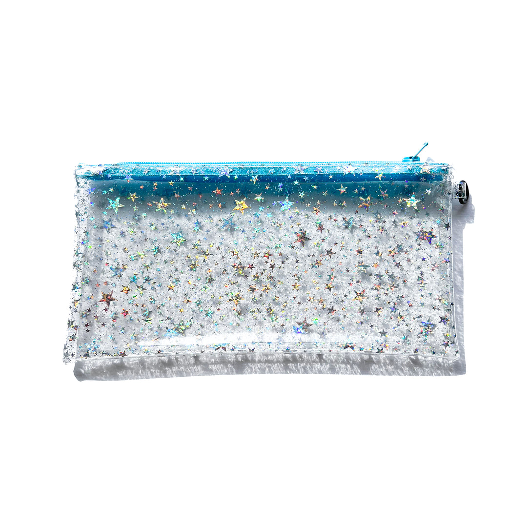 Clear Glitter Stars Wristlet Pouch | sky blue zipper