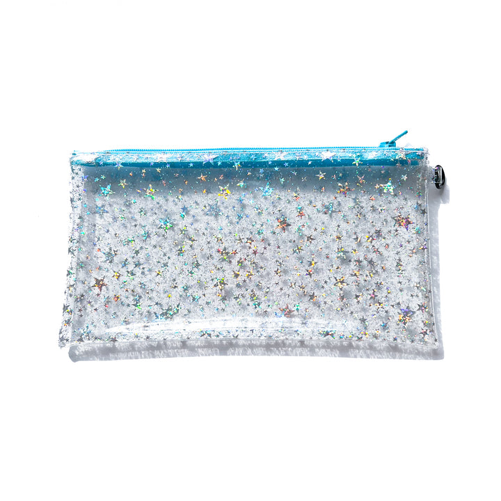 Clear Glitter Stars Wristlet Pouch | sky blue zipper