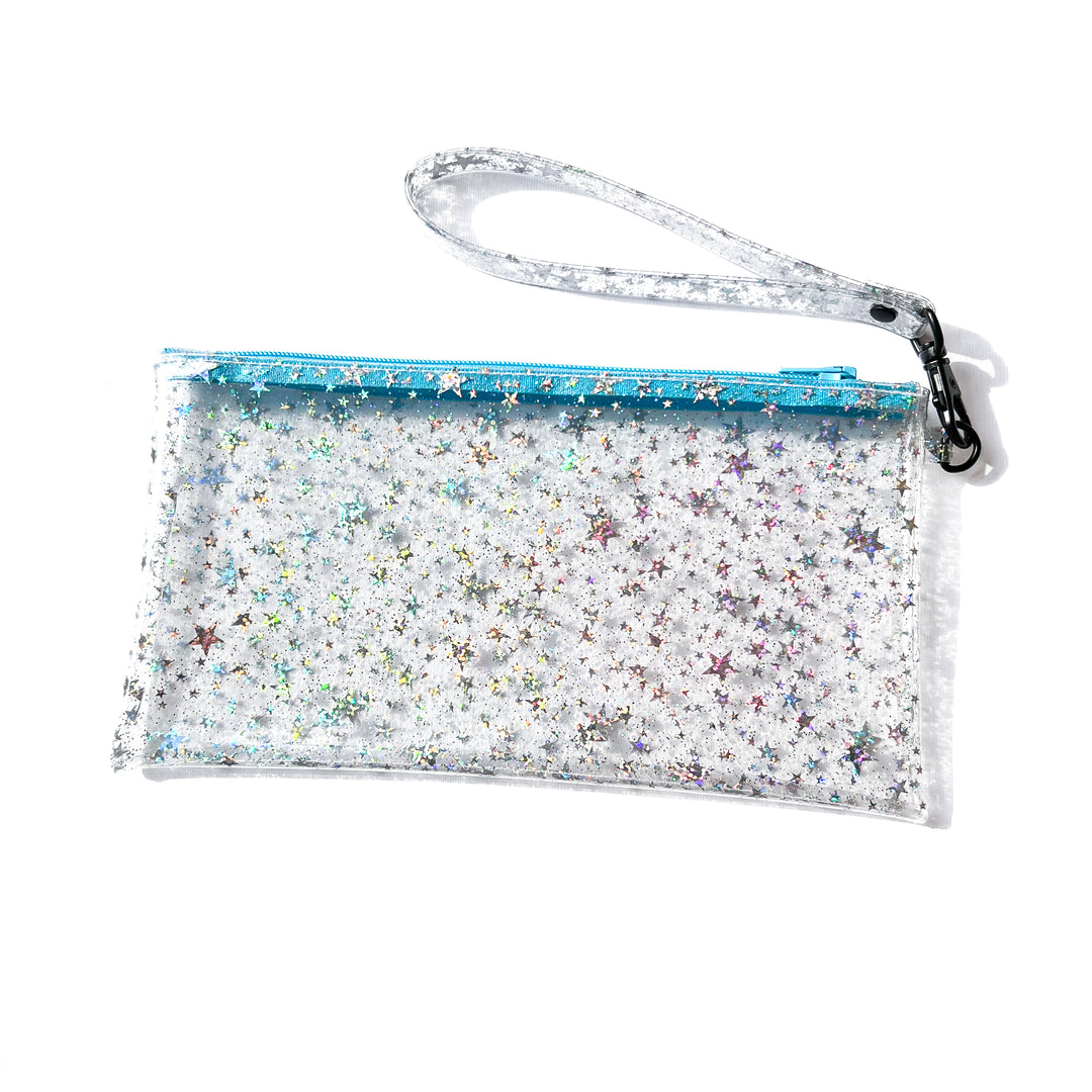 Clear Glitter Stars Wristlet Pouch | sky blue zipper