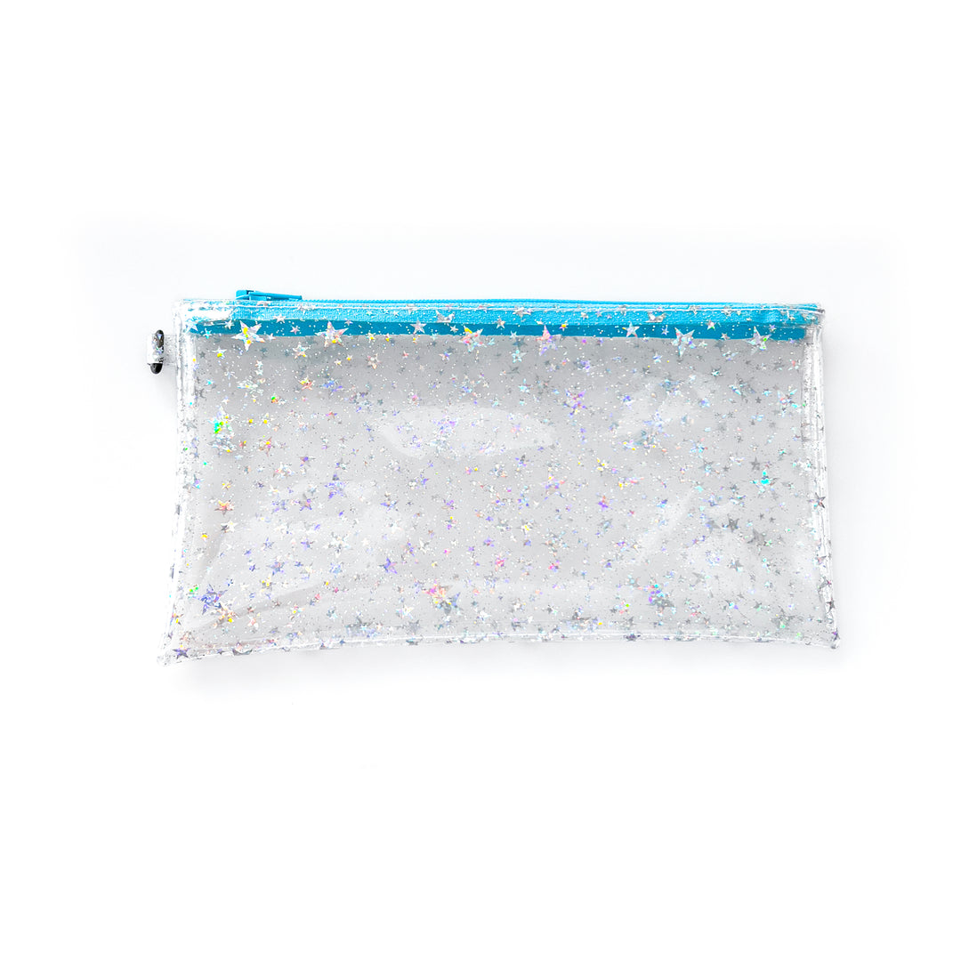 Clear Glitter Stars Wristlet Pouch | sky blue zipper