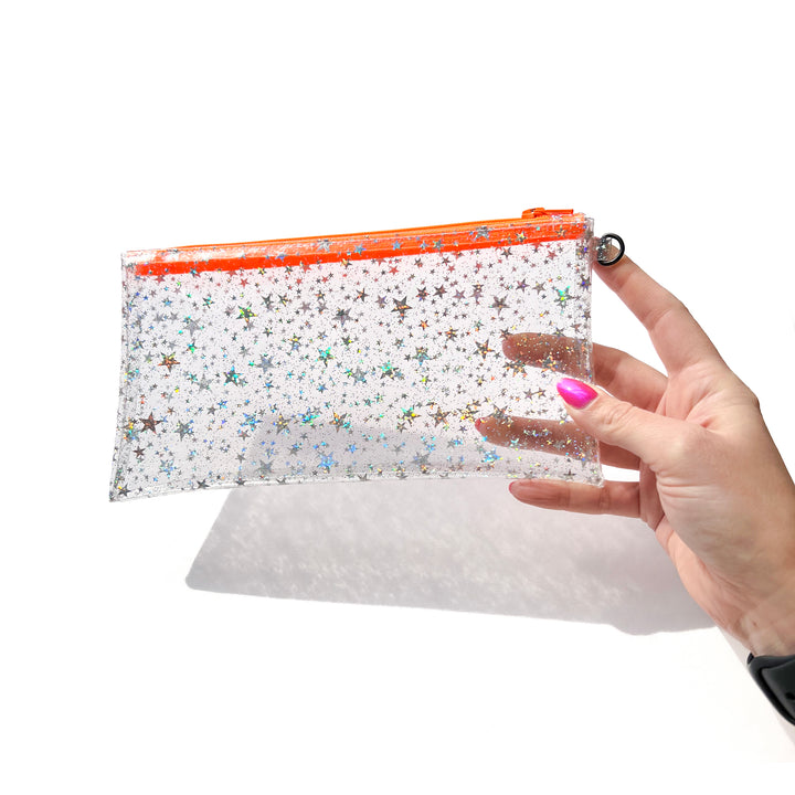 Clear Glitter Stars Wristlet Pouch | neon orange zipper