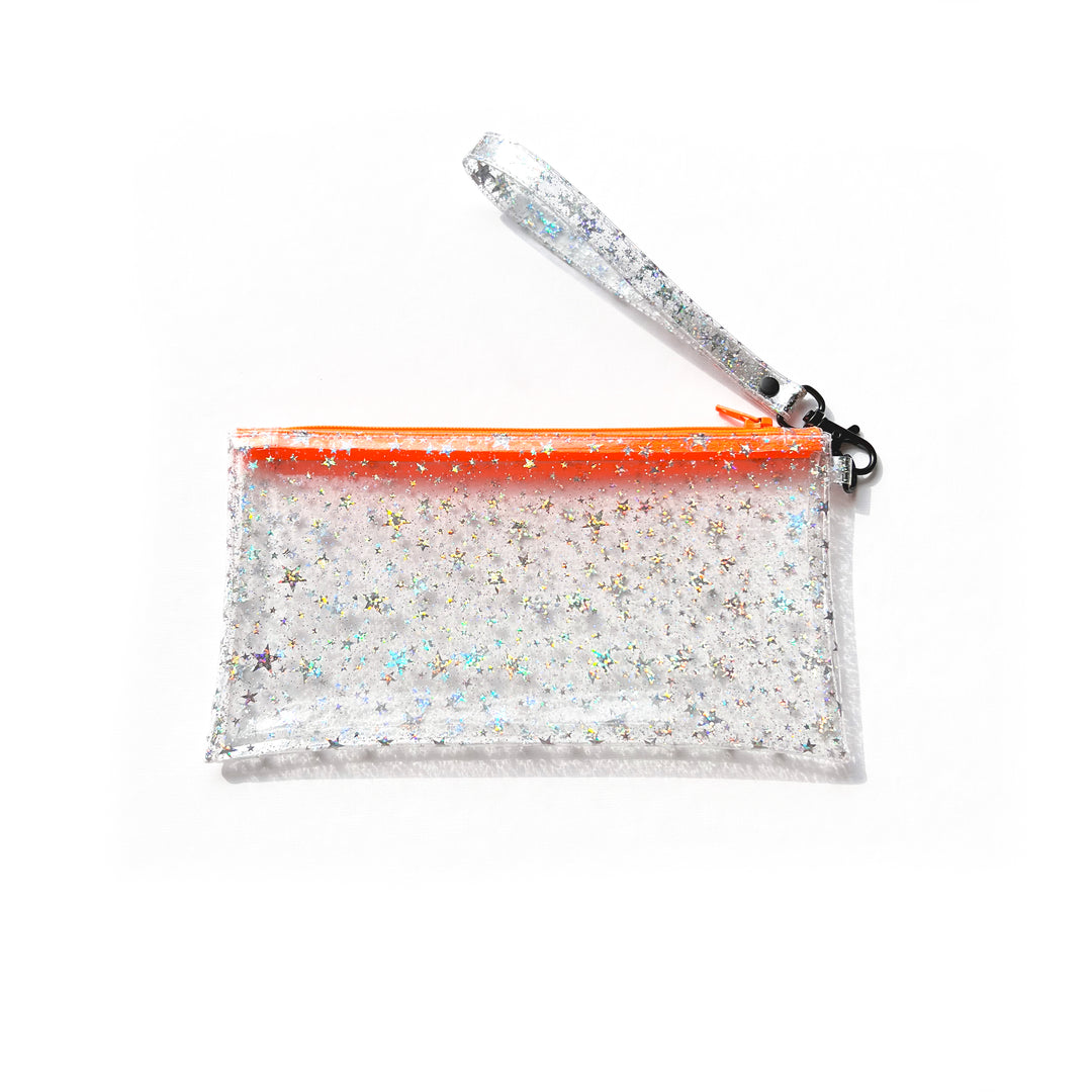 Clear Glitter Stars Wristlet Pouch | neon orange zipper