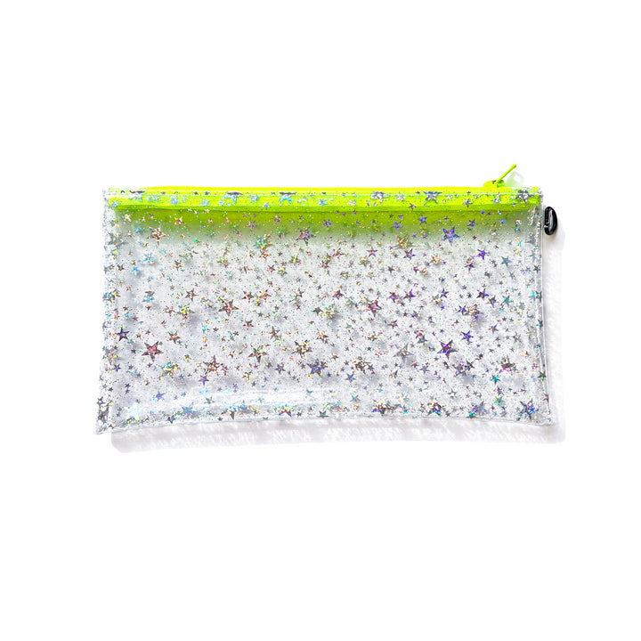 Clear Glitter Stars Wristlet Pouch | neon yellow zipper