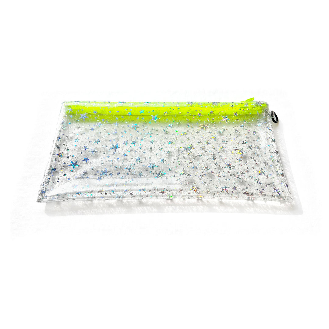 Clear Glitter Stars Wristlet Pouch | neon yellow zipper