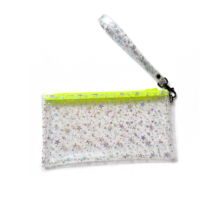 Clear Glitter Stars Wristlet Pouch | neon yellow zipper