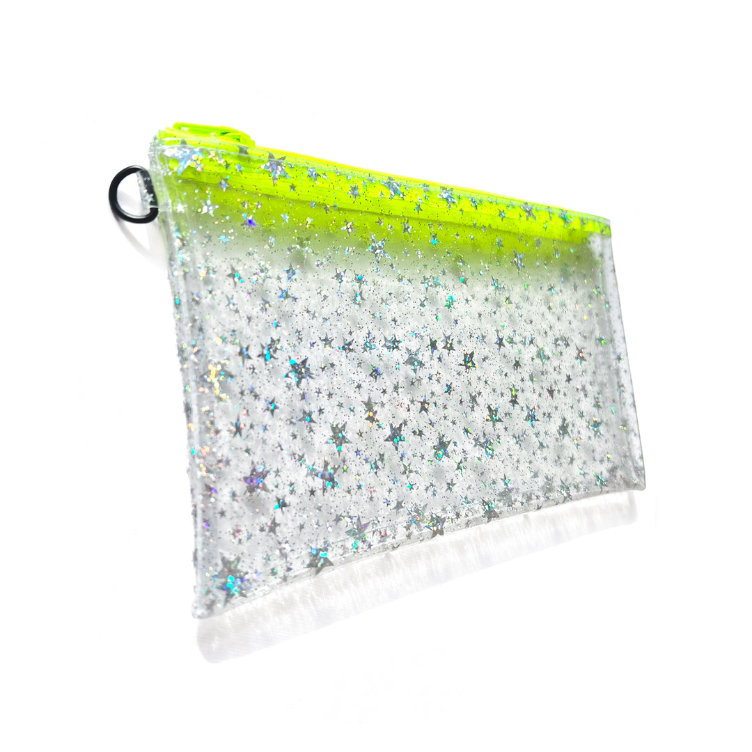 Clear Glitter Stars Wristlet Pouch | neon yellow zipper