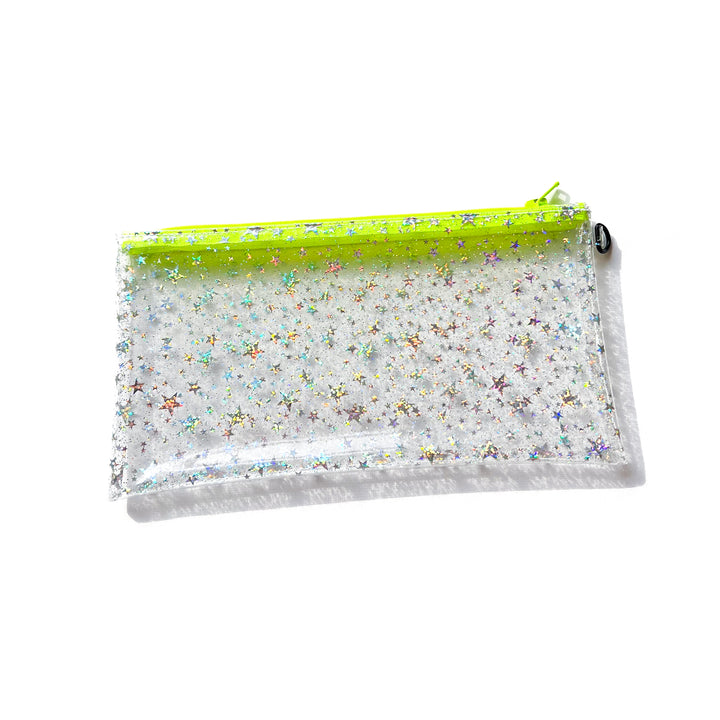 Clear Glitter Stars Wristlet Pouch | neon yellow zipper