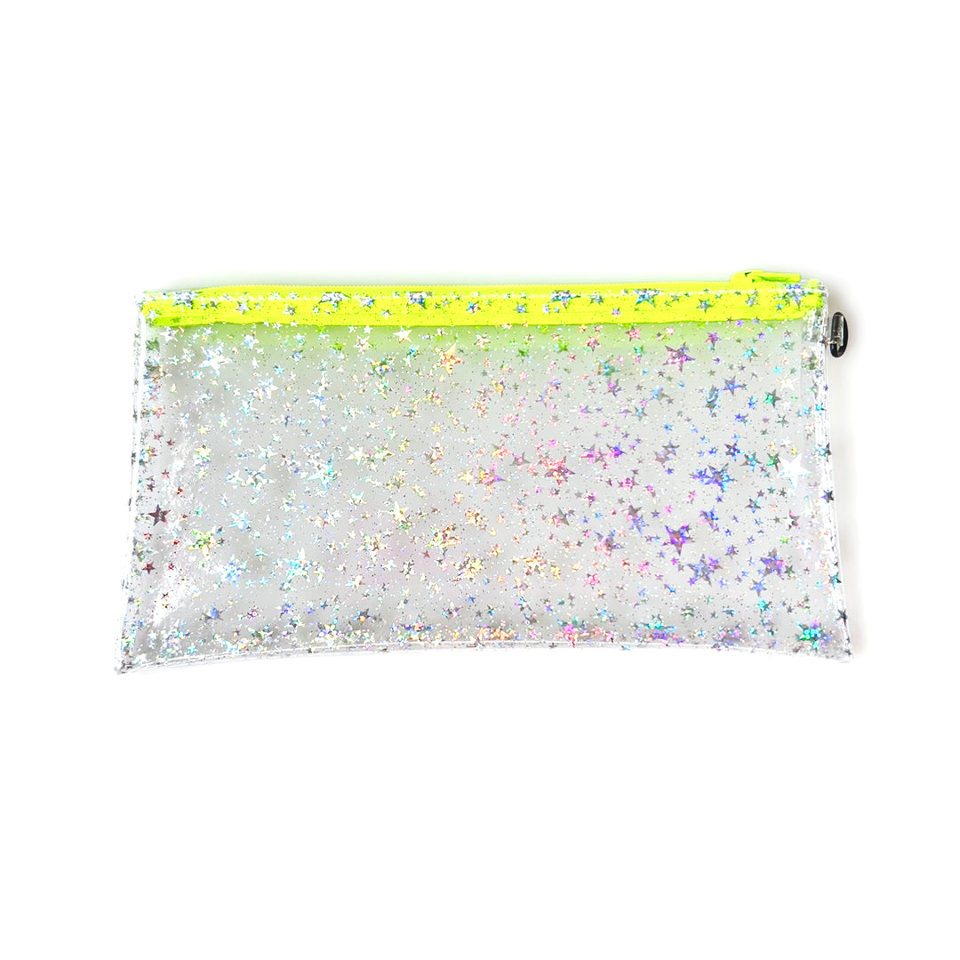 Clear Glitter Stars Wristlet Pouch | neon yellow zipper