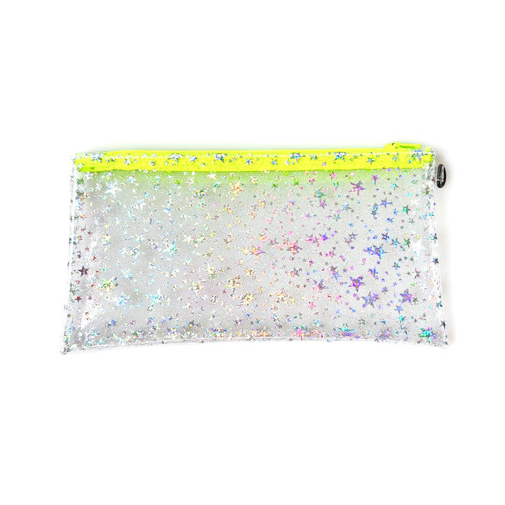 Clear Glitter Stars Wristlet Pouch | neon yellow zipper