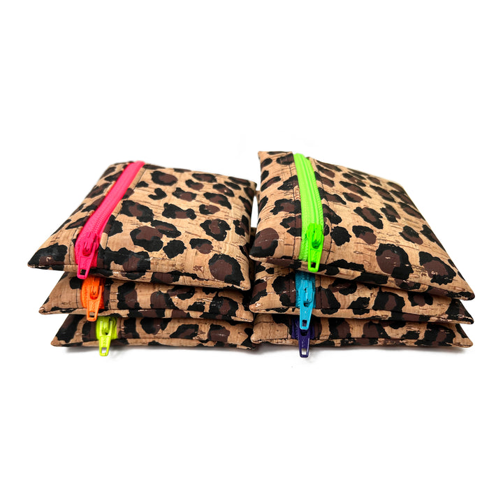 Leopard Print Cork Coin Pouch | neon orange zipper