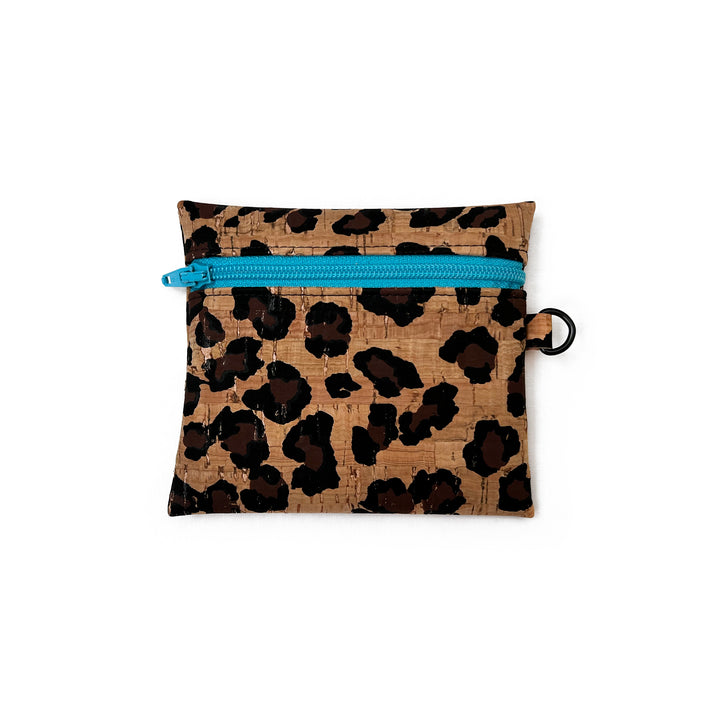 Leopard Print Cork Coin Pouch | sky blue zipper