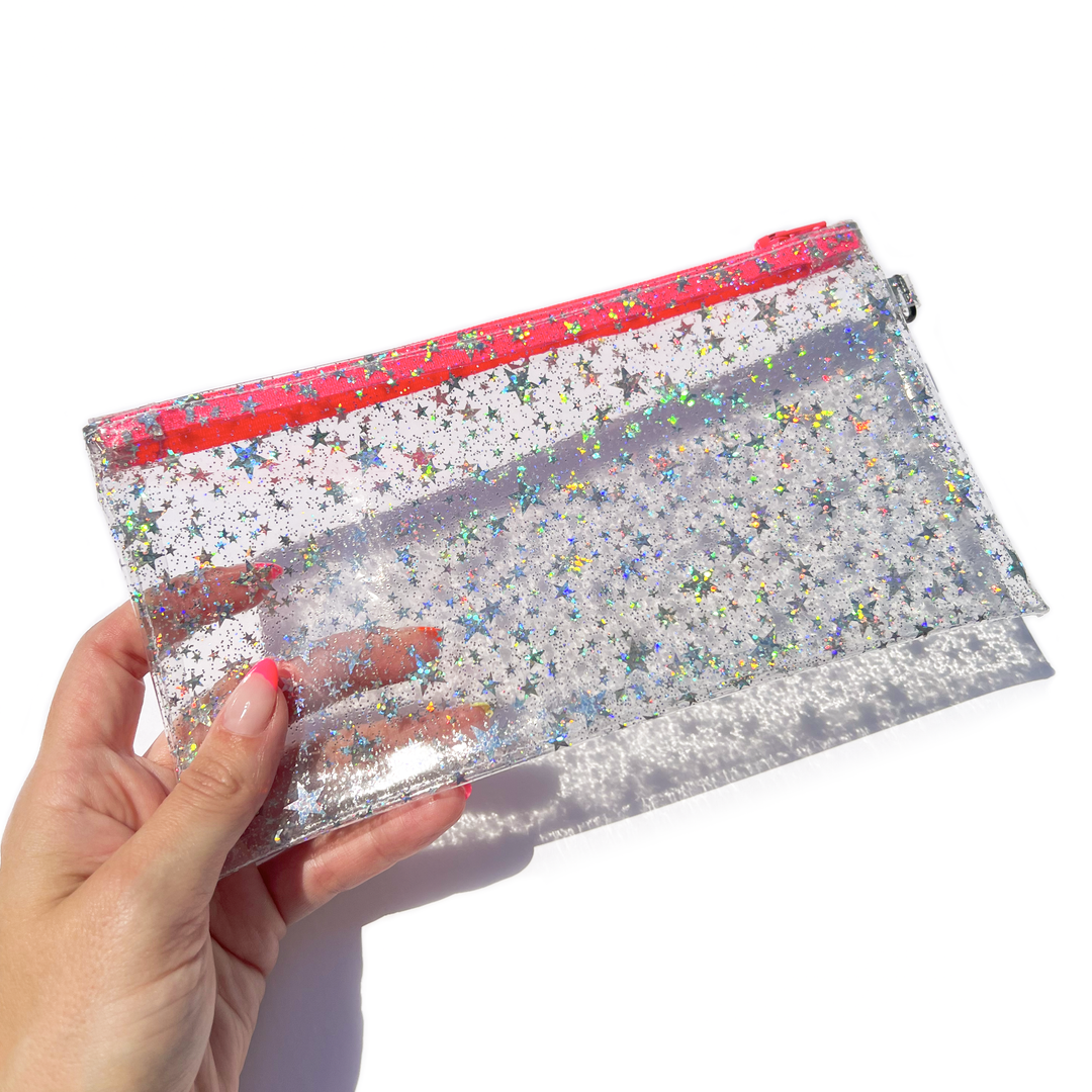 Clear Glitter Stars Wristlet Pouch | neon pink zipper