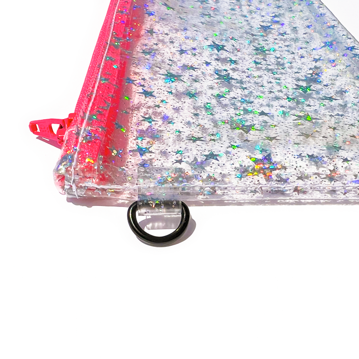 Clear Glitter Stars Wristlet Pouch | neon pink zipper