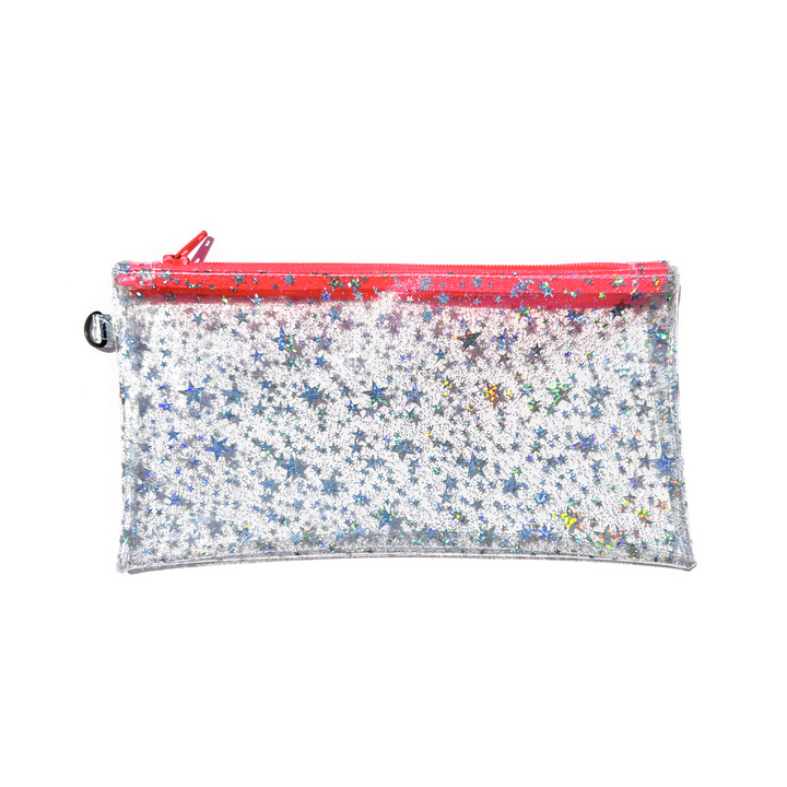 Clear Glitter Stars Wristlet Pouch | neon pink zipper