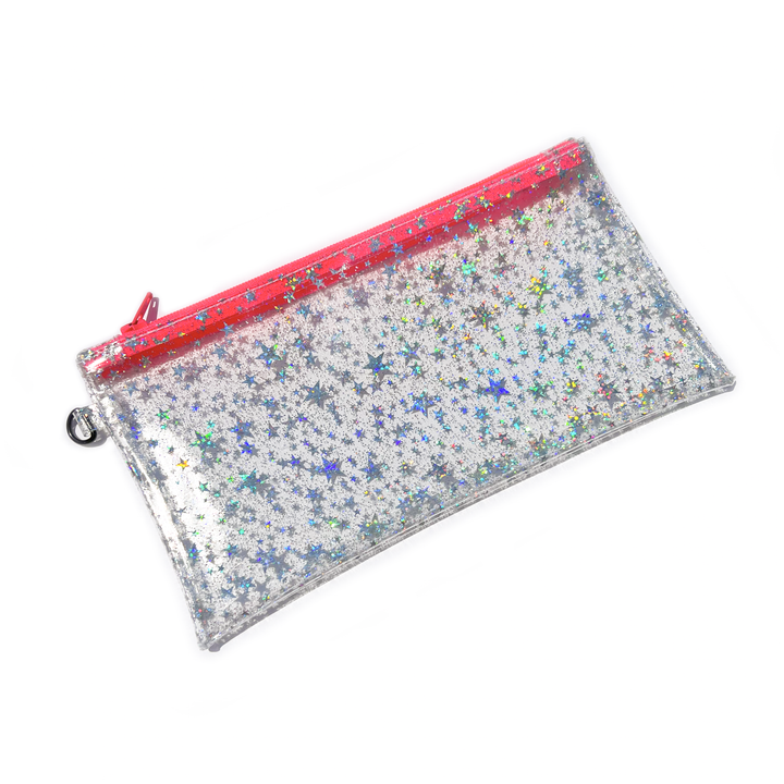 Clear Glitter Stars Wristlet Pouch | neon pink zipper