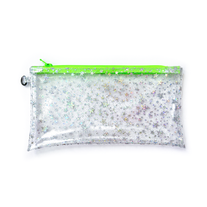 Clear Glitter Stars Wristlet Pouch | neon green zipper