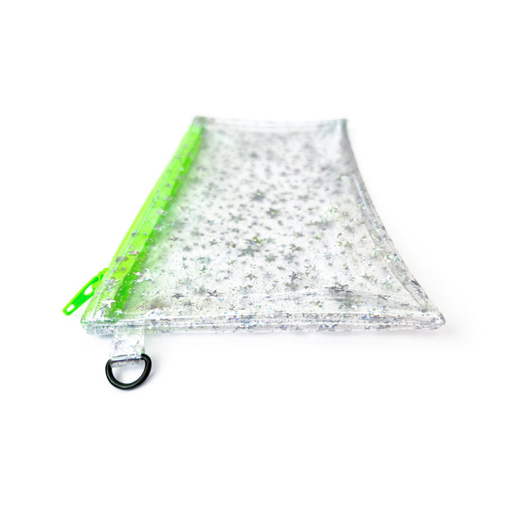 Clear Glitter Stars Wristlet Pouch | neon green zipper