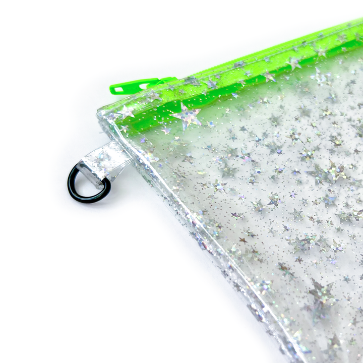 Clear Glitter Stars Wristlet Pouch | neon green zipper