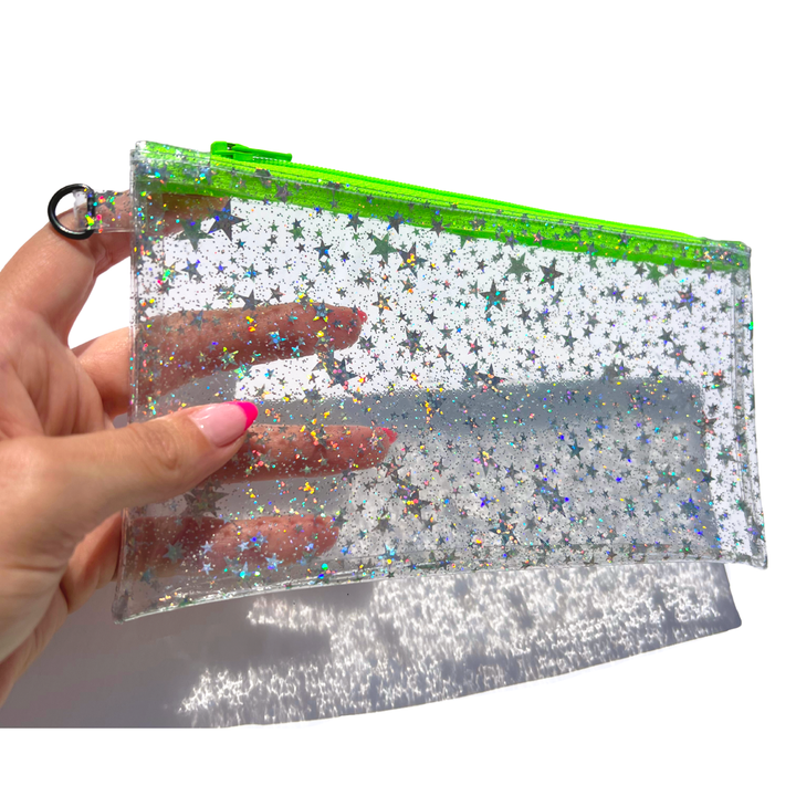 Clear Glitter Stars Wristlet Pouch | neon green zipper