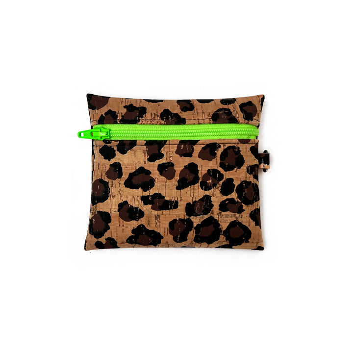 Leopard Print Cork Coin Pouch | neon green zipper