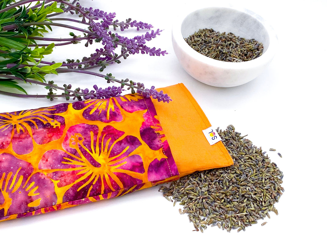 Lavender Eye Pillow | orange purple hibiscus batik