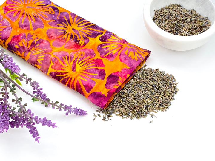 Lavender Eye Pillow | orange purple hibiscus batik