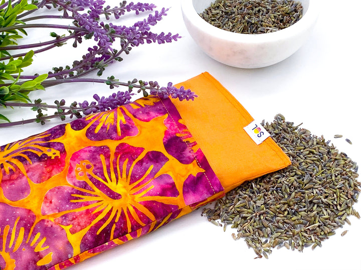 Lavender Eye Pillow | orange purple hibiscus batik