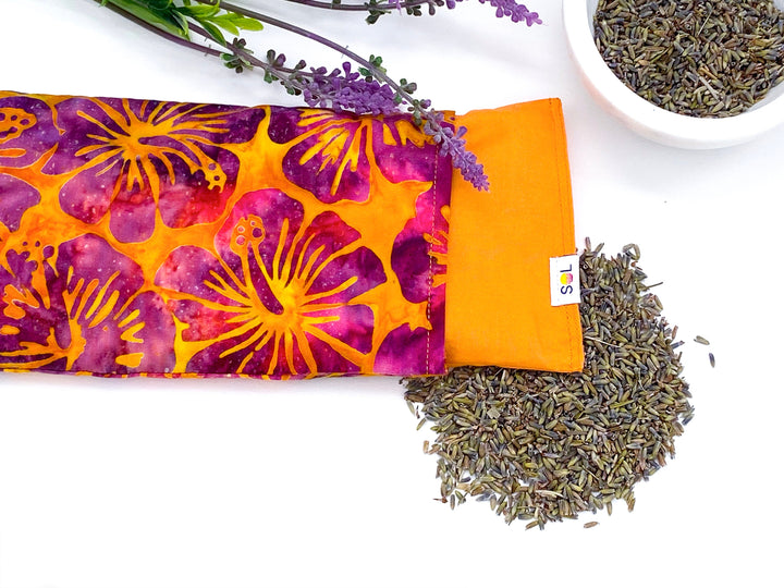 Lavender Eye Pillow | orange purple hibiscus batik