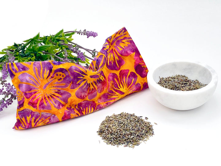 Lavender Eye Pillow | orange purple hibiscus batik