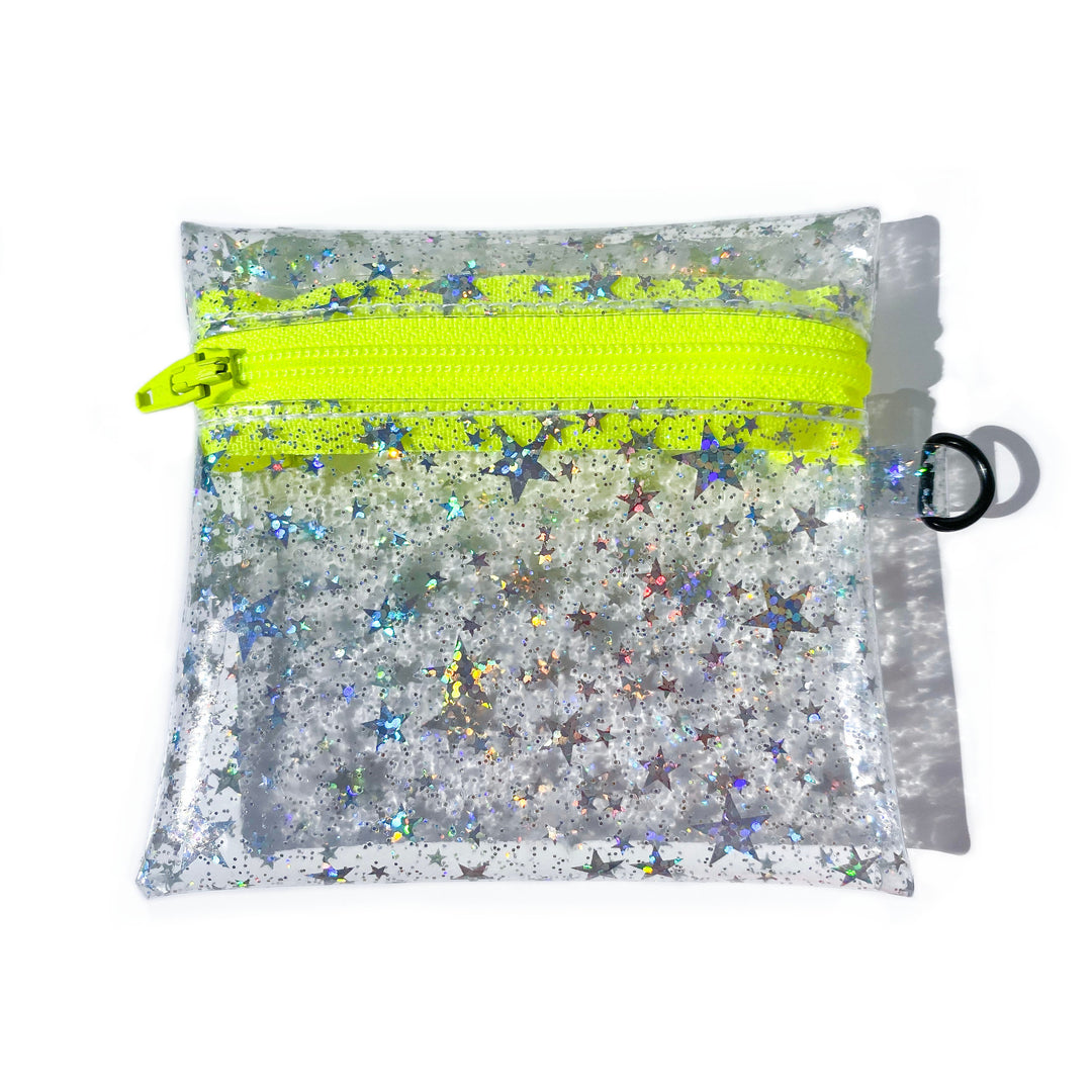 Clear Glitter Stars Coin Pouch | neon yellow zipper