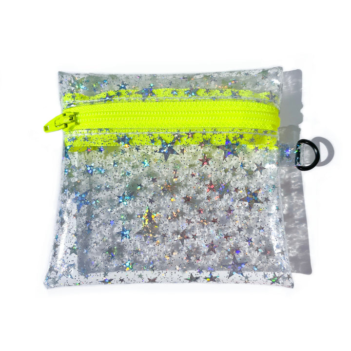 Clear Glitter Stars Coin Pouch | neon yellow zipper