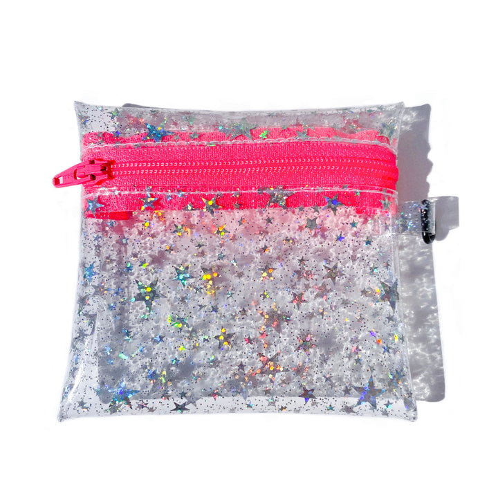 Clear Glitter Stars Coin Pouch | neon pink zipper