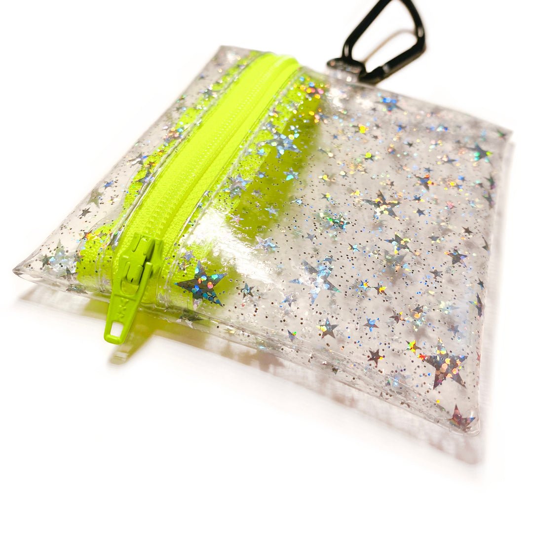 Clear Glitter Stars Coin Pouch | neon yellow zipper