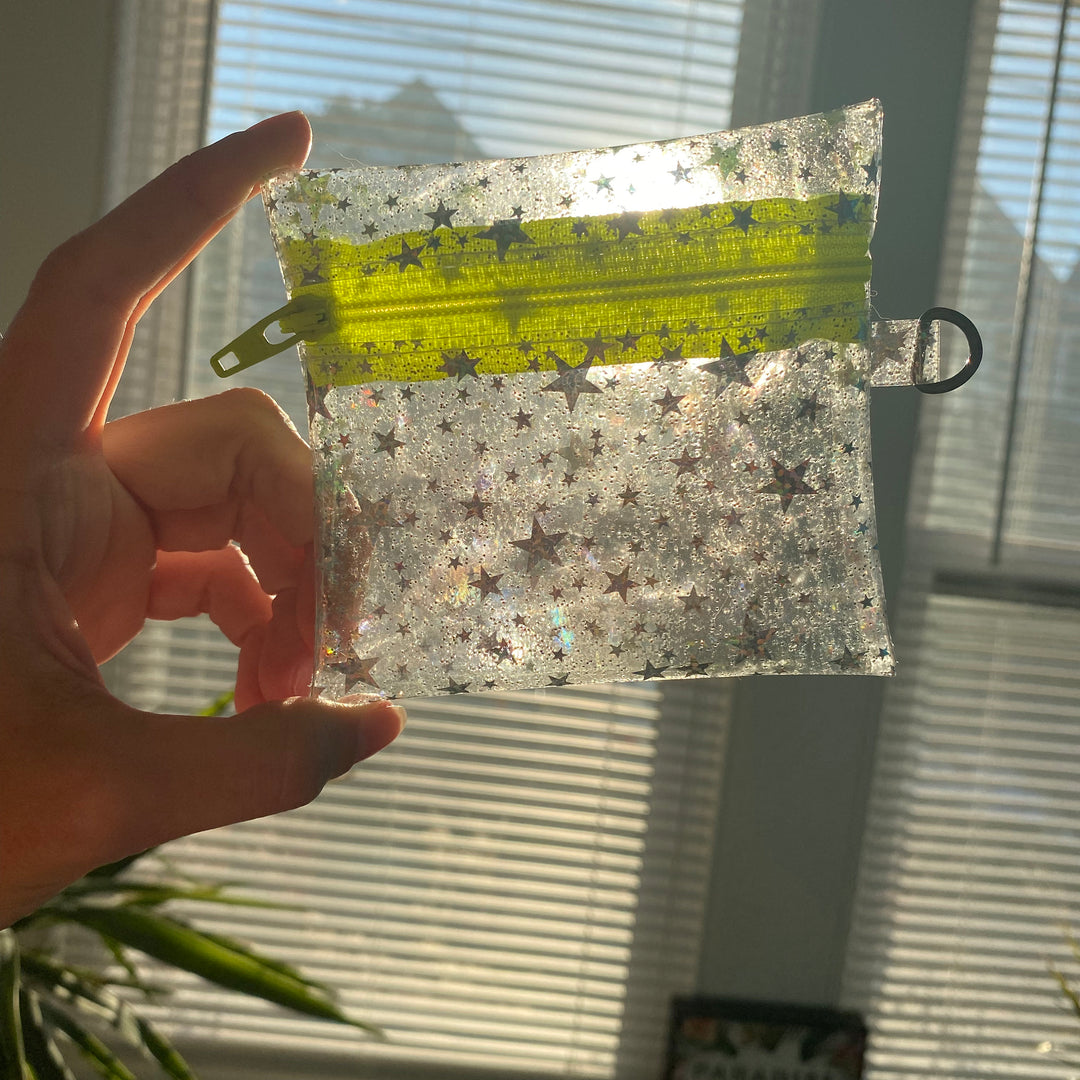 Clear Glitter Stars Coin Pouch | neon yellow zipper