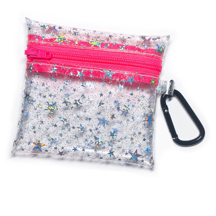 Clear Glitter Stars Coin Pouch | neon pink zipper