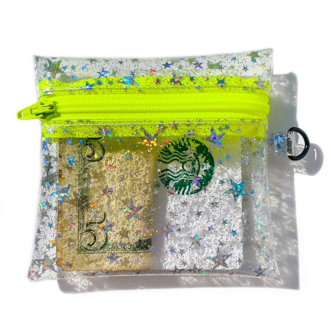 Clear Glitter Stars Coin Pouch | neon yellow zipper