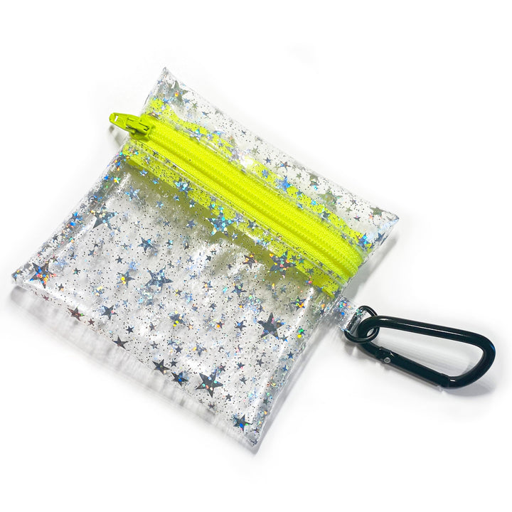 Clear Glitter Stars Coin Pouch | neon yellow zipper