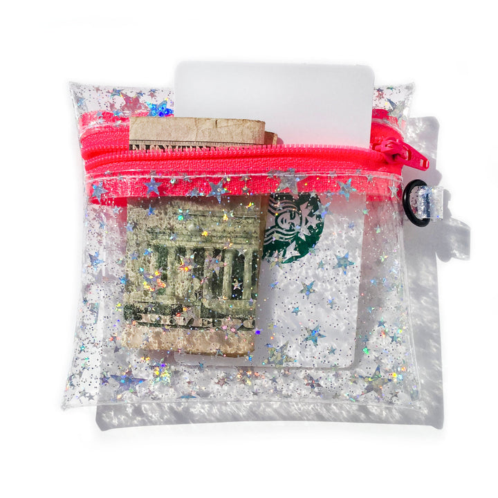 Clear Glitter Stars Coin Pouch | neon pink zipper