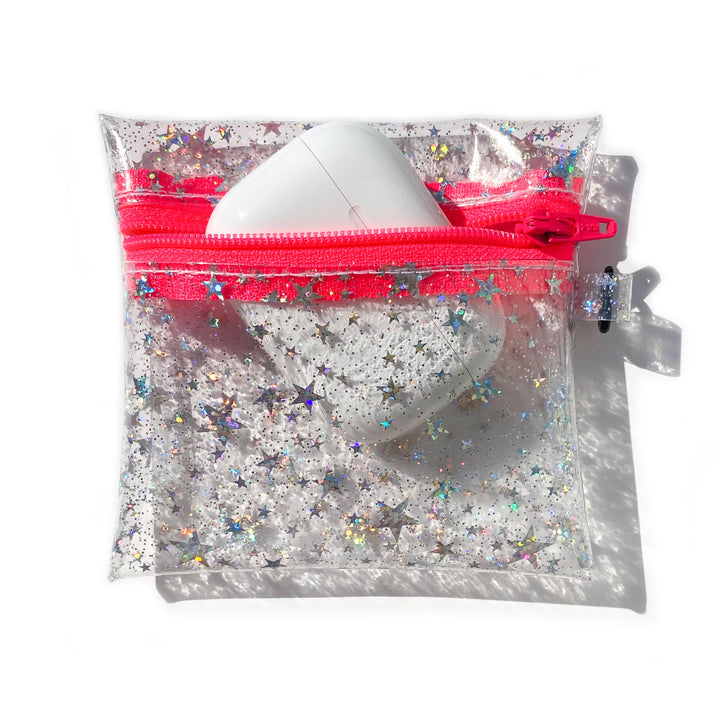 Clear Glitter Stars Coin Pouch | neon pink zipper