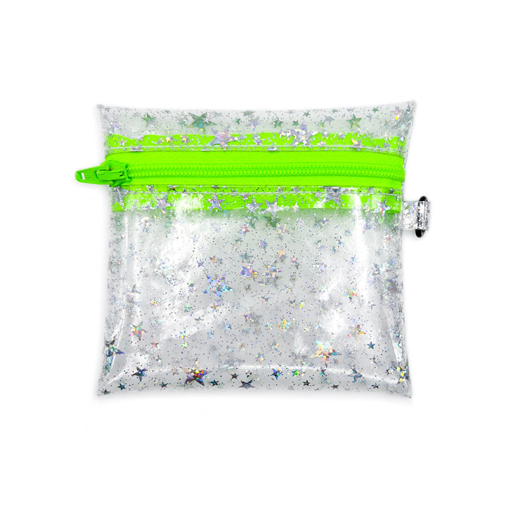 Clear Glitter Stars Coin Pouch | neon green zipper